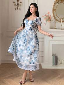 DAZY 女士夏季度假印花泡泡袖蕾丝拼接腰部中长连衣裙 - 藍色 - 查看 2