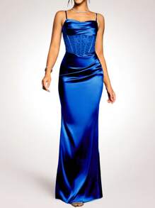 Coutiva Váy dạ hội dài đính đá lấp lánh cỡ lớn cho nữ, váy suông đen không dây cho nữ, váy dạ hội cho nữ, váy sinh nhật, váy thường ngày cho nữ, váy ngắn cho nữ, váy công sở mùa hè, váy mùa hè, váy dạ hội cho nữ, trang trọng, váy dự tiệc, cho khách dự tiệc cưới - Xanh đậm - Xem 1