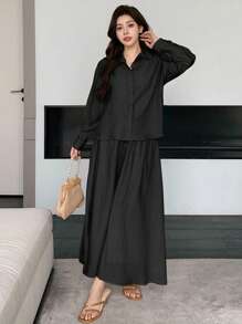 DAZY Bộ 2 món áo cánh rộng trễ vai màu trơn và chân váy chữ A cho nữ, thời trang xuân/thu, trở lại trường - màu đen - Xem 2