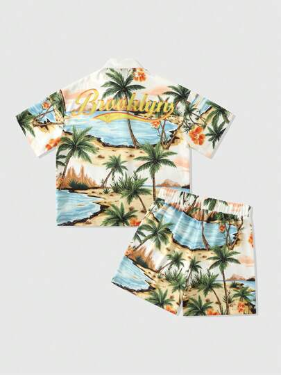 Street Life Men's Palm Tree Print Short Sleeve Button Shirt And Shorts Casual Suit For Holiday