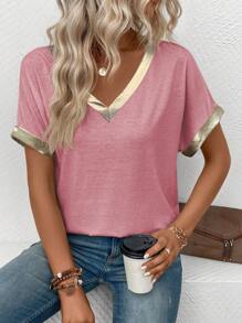 SHEIN VCAY 女士V领短袖拼接PU皮革休闲时尚T恤，春夏 - 粉色 - 查看 6