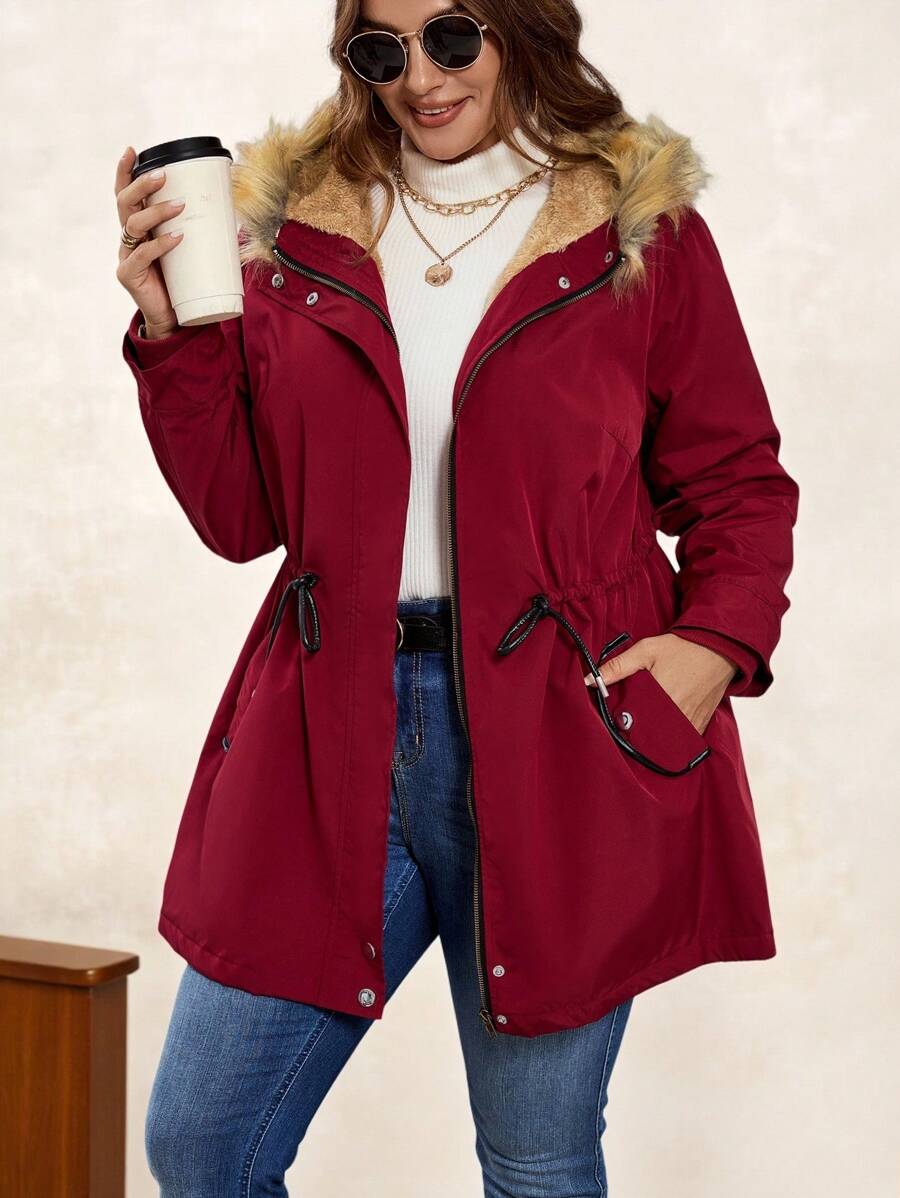 SHEIN Clasi 大码连帽蓬松拉链长袖口袋休闲日常冬季加厚外套