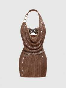 ROMWE J-Fashion Vintage tief ausgeschnittenes sexy Leoparden-Pailletten-Party-Halterkleid im Y2K-Stil für Frauen