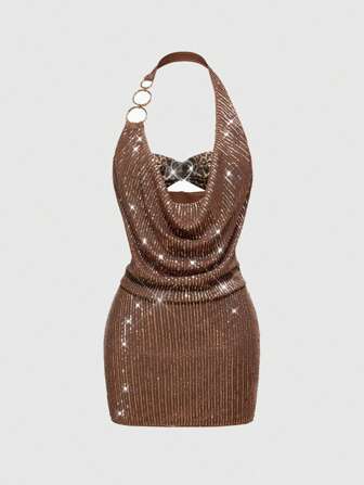J-Fashion Vintage Plunging Neck Sexy Leopard Print Sequin Party Halter Y2K Style Dress For Women
