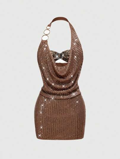 J-Fashion Vintage Plunging Neck Sexy Leopard Print Sequin Party Halter Y2K Style Dress For Women