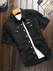 Manfinity LEGND Plus Size Men's Ripped Short Sleeve Single Breasted Casual Denim Shirt, Summer