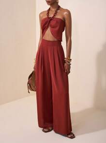 Zivah 2025 Summer New Style Wedding Birthday Party Daily Outing Basic Versatile Casual Popular Online Style Street Style Elegant Commuting Business Casual Necklace Hanging Sexy Backless Irregular Hem Women's Top And Pleated Straight Wide-Leg Pants Good Drape Red Brown Summer Suit Women's Two-Piece Suit