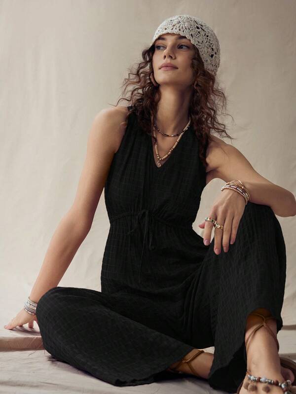 Wildy American West Country Resort Style Brown V-Neck Bohemian Jumpsuit