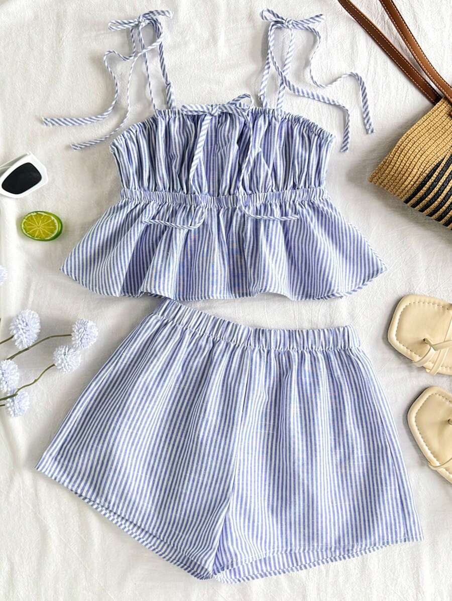 Bluză scurtă cu imprimeu floral, croială slim fit, cu guler pătrat, dungi, cu fundă decorativă și nod, asortată cu pantaloni scurți cu talie înaltă, cu dungi, set clasic retro țesut, cu dungi albastre și albe, ținută de primăvară - Albastru - Vizualizare 1