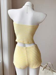 Comfortcana 全新夏季奶油黄沙滩度假装 度假针织抹胸短款背心和短裤套装 两件套夏季套装 两件套夏季 夏季两件套 两件套夏季套装 - 黃色 - 查看 2