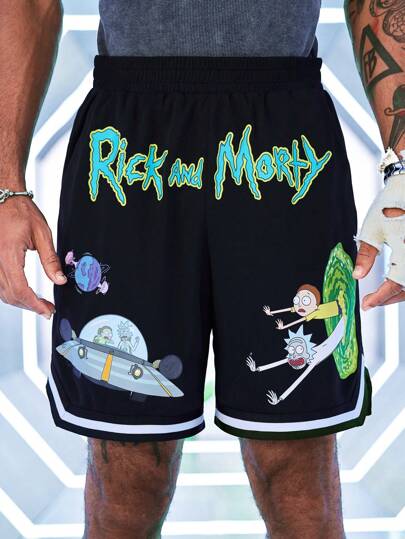 Rick and Morty X SHEIN 男士夏季休闲卡通字母图案松紧腰篮球短裤，emo，2000 年代风格