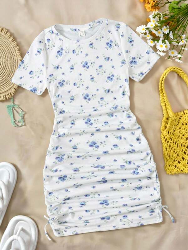 SHEIN Teen Girls Floral Print Ruched Knot Side Dress