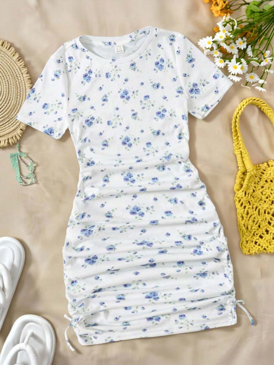 SHEIN Teen Girls Floral Print Ruched Knot Side Dress