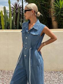 Livesso السيدات بلون واحد, بدون أكمام, سروال واسع وبذلة جينز