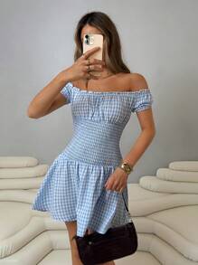 Roylia 女士时尚格子单肩、褶皱腰荷叶边 A 字连衣裙 - 藍白色 - 查看 3