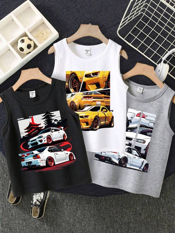 SHEIN Multi-Pack Boys Casual Racing Car Graphic Sleeveless Vest Tops, Suitable For Summer Boys Car Graphic Tank Top Boys Muscle Car Shirt Car Print Boys Tank Top Boys Car Tank Tops Boys Graphic Tanks