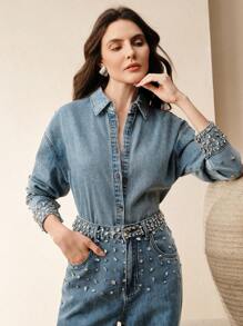 Anewsta 镶有水钻的休闲百搭牛仔衬衫，适合优雅的商务休闲女性 - 藍色 - 查看 7