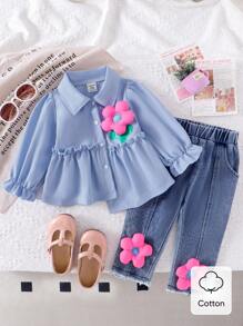 SHEIN 2pcs/Set Baby Girls' Asymmetrical Pattern Shirt + Denim Pants Outfit