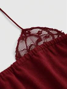 ROMWE Women's Rhinestones Decorated 2 In 1 Lace Trim Halter Tank Top - Burgundy - View 3
