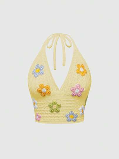 Blusa de punto con diseño floral halter para vacaciones