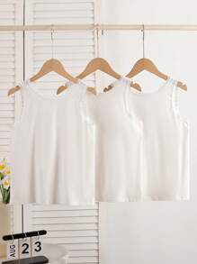 Set de 3 piezas de camisolas de encaje blanco sólido elegantes y dulces para niñas preadolescentes, de algodón suave - Blanco - Ver 2