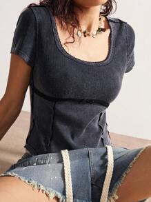 Bohemela 休闲纯色针织圆领短袖修身女式T恤 - 黑色 - 查看 5