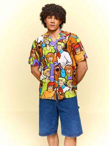 SCOOBY-DOO X SHEIN Men's Cartoon Pattern Front Button Short Sleeve Shirt, Summer