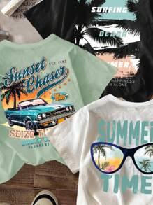 SHEIN Camiseta de manga corta y cuello redondo con gráfico de coco, adecuada para vacaciones, días festivos y verano, de estilo casual y sencillo para niños