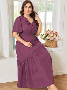 Modelyn Women's Plus Size Chiffon Solid Color Short Sleeve Ruffle Collar Dress - Purple - View 7