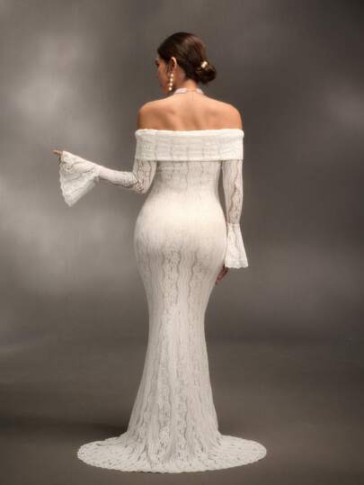 Cheriluna Maternity Váy maxi đuôi cá dài tay ren trắng trễ vai thanh lịch, thích hợp cho đám cưới, tiệc tùng, tiệc mừng em bé, chụp ảnh bầu, lễ rửa tội