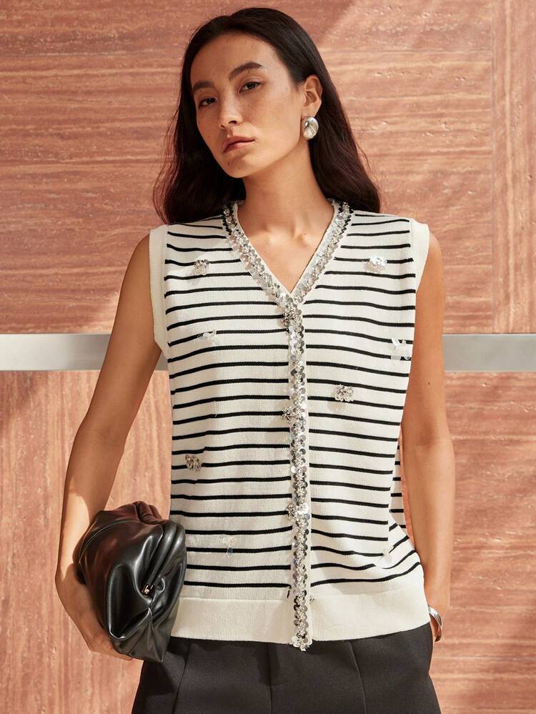 Women's Striped Contrast Color Sequin Floral Beaded Knit Cardigan, Summer Party Wear