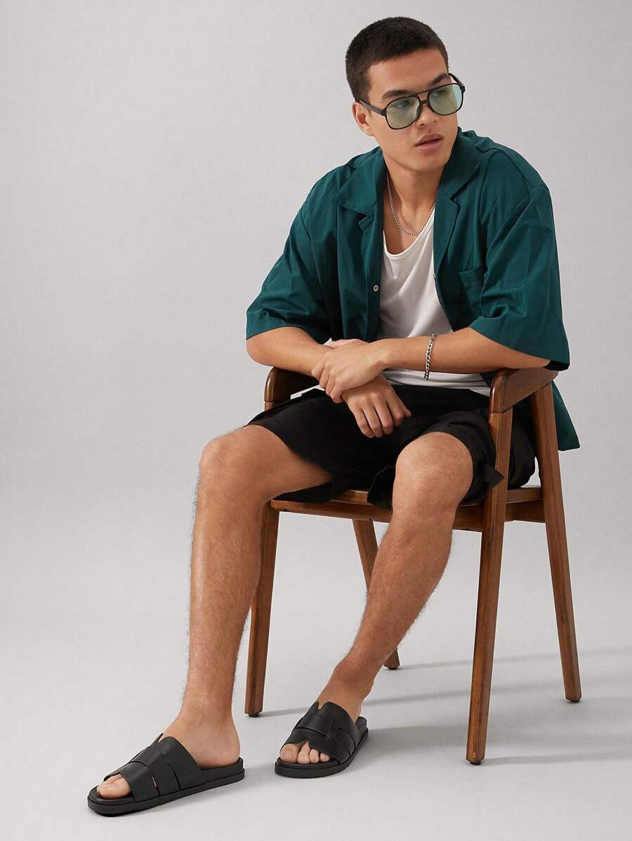 SHUZIA #QuietLuxury 男士简约编织带黑色鞋床拖鞋 - 优质 PU 材质,适合街头到游艇俱乐部 - 黑色 - 查看 1