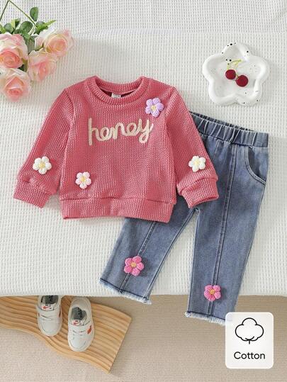 SHEIN Vintaside Kids 女婴个性化英文文字圆领长袖卫衣 + 真牛仔长裤，秋冬