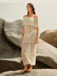 Anewsta Modisches, elegantes, reifes, hochwertiges gehäkeltes Strandkleid, Off-Shoulder für den Urlaub, 2025SS - Beige - Übersicht 4