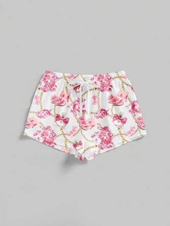J-Fashion Cute Sexy Metallic Chain & Rose Print Pink & White Women's Shorts