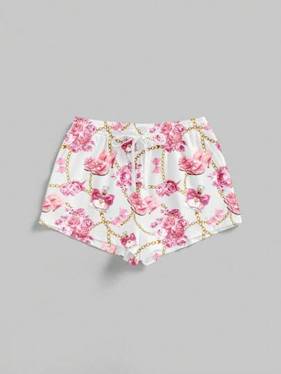 J-Fashion Cute Sexy Metallic Chain & Rose Print Pink & White Women's Shorts Suitable For Going Out