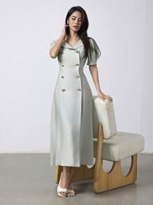 Heiryn Vestido midi de verano para mujer, de unicolor elegante, con cuello cuadrado, mangas abullonadas, cintura fruncida y doble botonadura