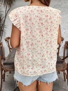 SHEIN VCAY Blouse casual à manches volantées en dentelle à imprimé floral éparpillé pour femmes en grande taille - Multicolore - Voir 2