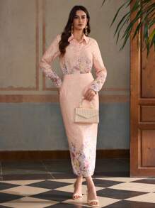 ZEYLAH 2 pièces Ensemble tenue à manches longues de style vacances avec imprimé dentelle pour le printemps/été - Multicolore - Voir 5