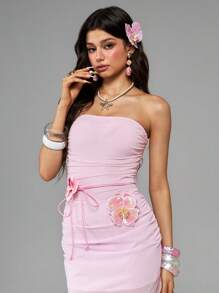 ROMWE Avant Y2K Floral Print Bodysuit For Women - Baby Pink - View 4