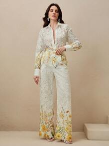 Anewsta Women Floral Print Lace Hollow Blouse And Long Pants Set, Elegant 2 Pieces Outfit