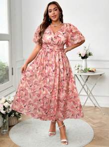 SHEIN Clasi 大码女式花卉印花 V 领荷叶边袖优雅长裙