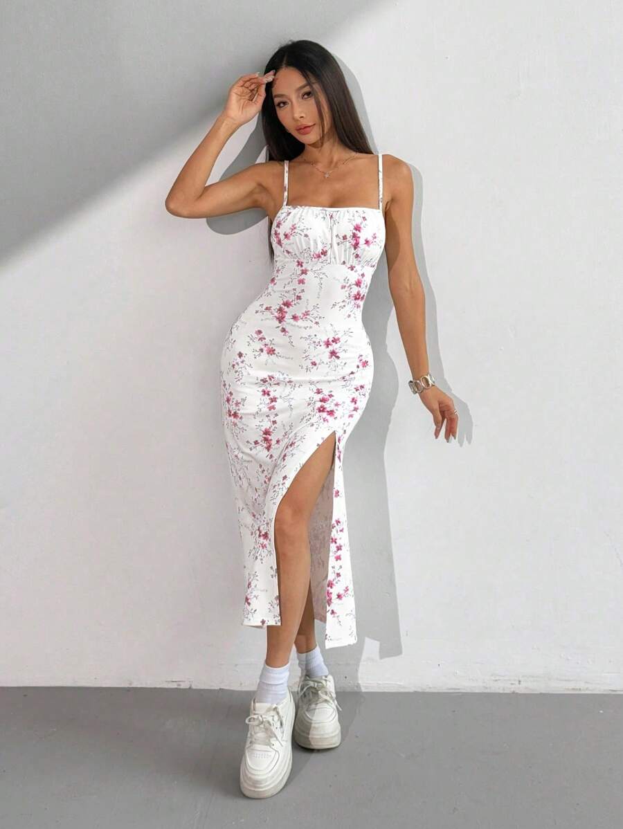 SHEIN EZwear 女士休闲中长款花卉印花连衣裙，夏季 - 粉色 - 查看 1