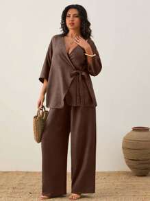 EURMUSE Women's Plain Casual Asymmetric Short Sleeve Top And Casual Wide Leg Pants - Chocolate Brown - View 1