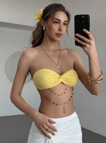 Aloruh 春夏季度假蓝色串珠黄色抹胸扭纹紧身性感女衬衫 - 黃色 - 查看 3