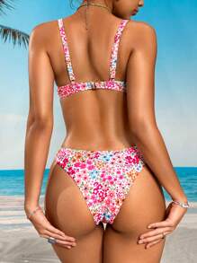 SHEIN Swim 女士花卉印花性感比基尼两件套泳衣套装，夏季海滩 - 彩色 - 查看 2