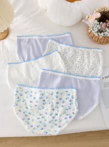5pcs/Set Girls' Floral Print Soft Comfortable Briefs Underwear Set, Simple & Stylish Blue Color