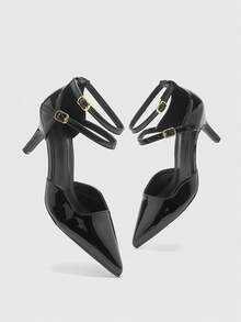 CUCCOO BIZCHIC 女士尖头低跟白色珍珠亮片镂空踝带高跟鞋，适合万圣节、圣诞节、派对等场合 - 黑色 - 查看 6