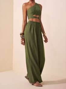 Veslaya Autumn And Winter Elegant Vacation Daily Date Birthday Party Simple Commuter One Shoulder Waist Cross Strap Slim Fit Top + Wide Leg Ultra-Long Pants Woven Fabric Plus Size Women's Sets - Green - View 7