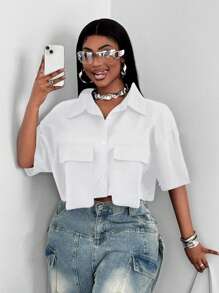 Maweii Camisa de bolsillo corta de unicolor para mujer tallas grandes